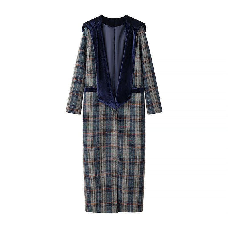 Damen Langer Blazer mit eleganter Karomusterung und luxuriösem Samtkragen Krohn-e