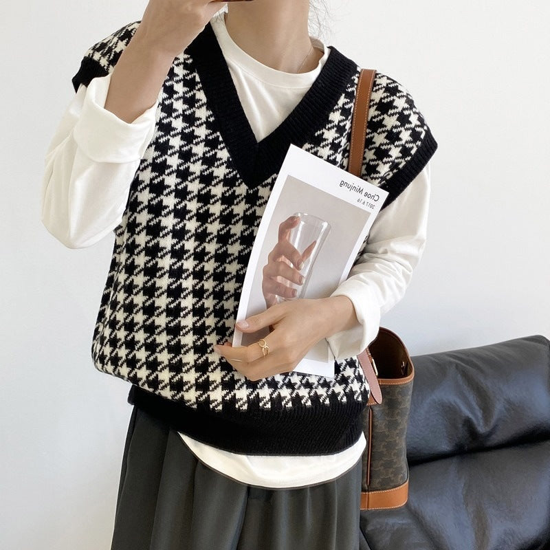 Damen modische Strickweste mit graphischem Hahnentrittmuster Krohn-e - Krohn-e