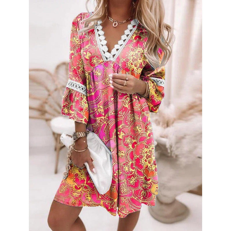 Damen Blumiges Tunika-Kleid mit Spitzenakzenten Krohn-e