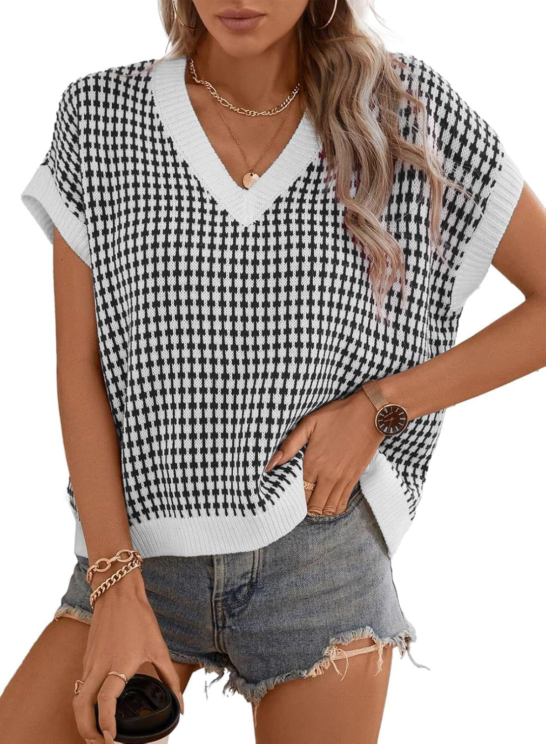 Damen lässiger V-Ausschnitt Pullover mit geometrischem Muster Krohn-e