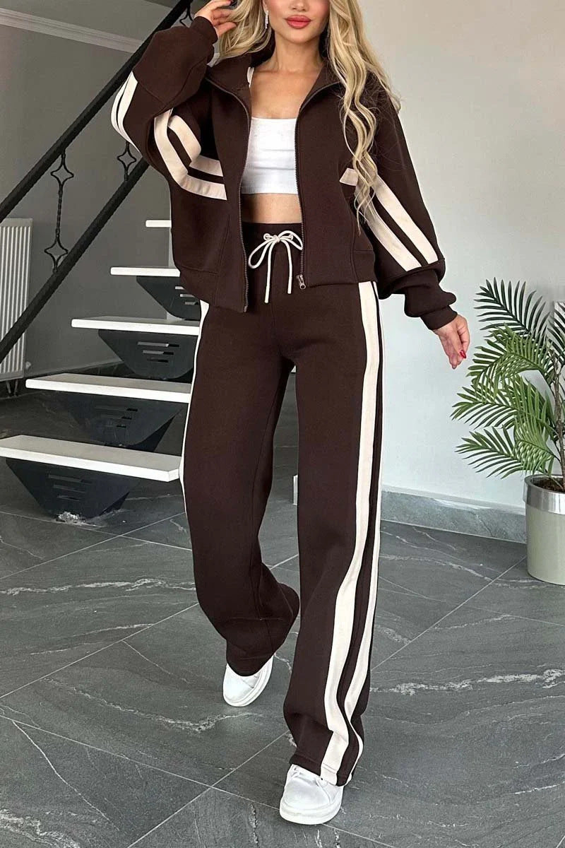 Krohn-e | Gestreifte Zip up Cropped Sweatshirtjacke und Sporthose Zwei Teile Satz