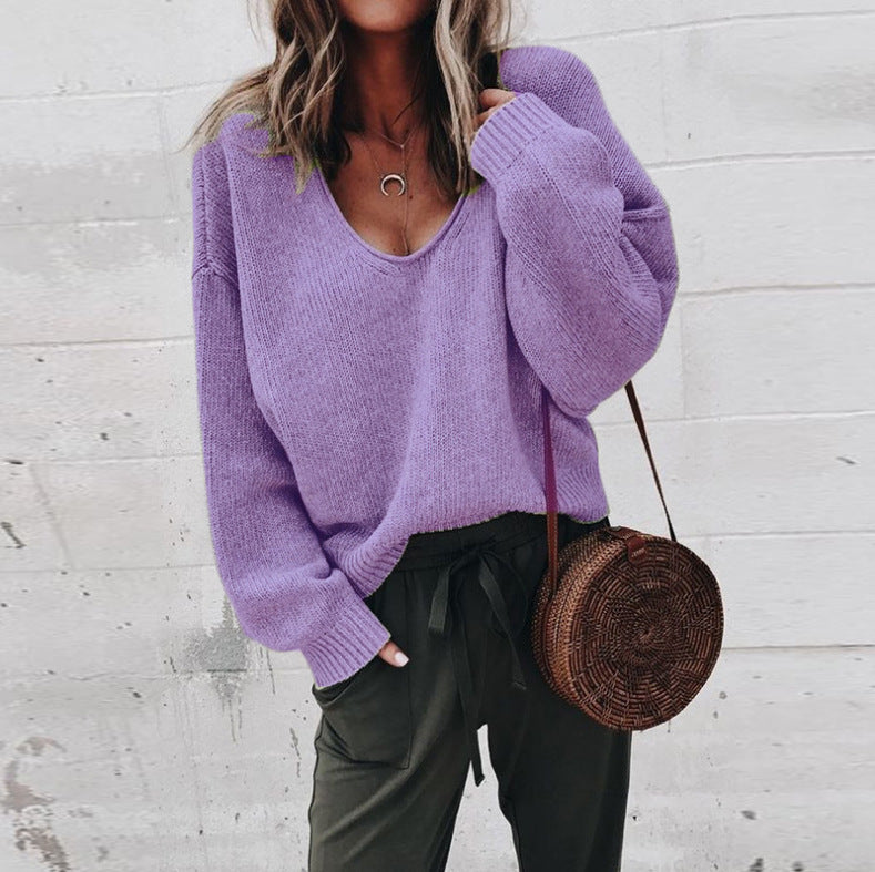Damen lässiger V-Pullover mit weitem Schnitt und feiner Strickstruktur Krohn-e