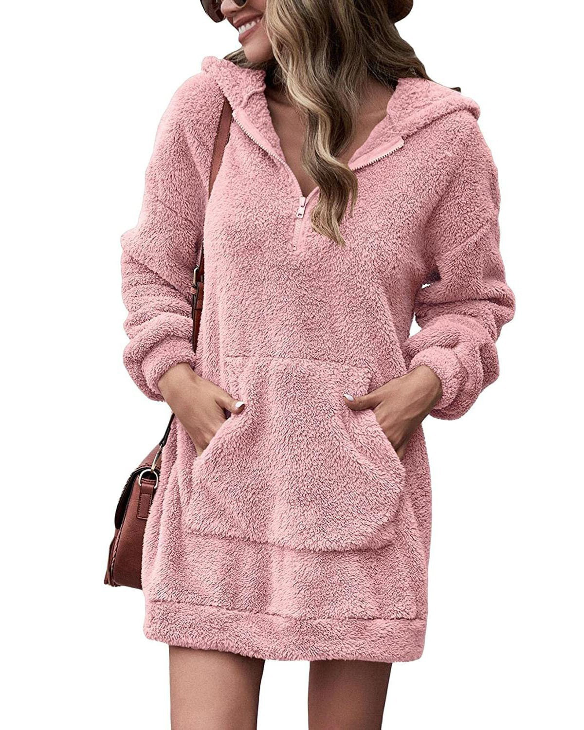 Damen Kuscheliger Hoodie-Kleid mit praktischen Taschen und halben Reißverschluss Krohn-e