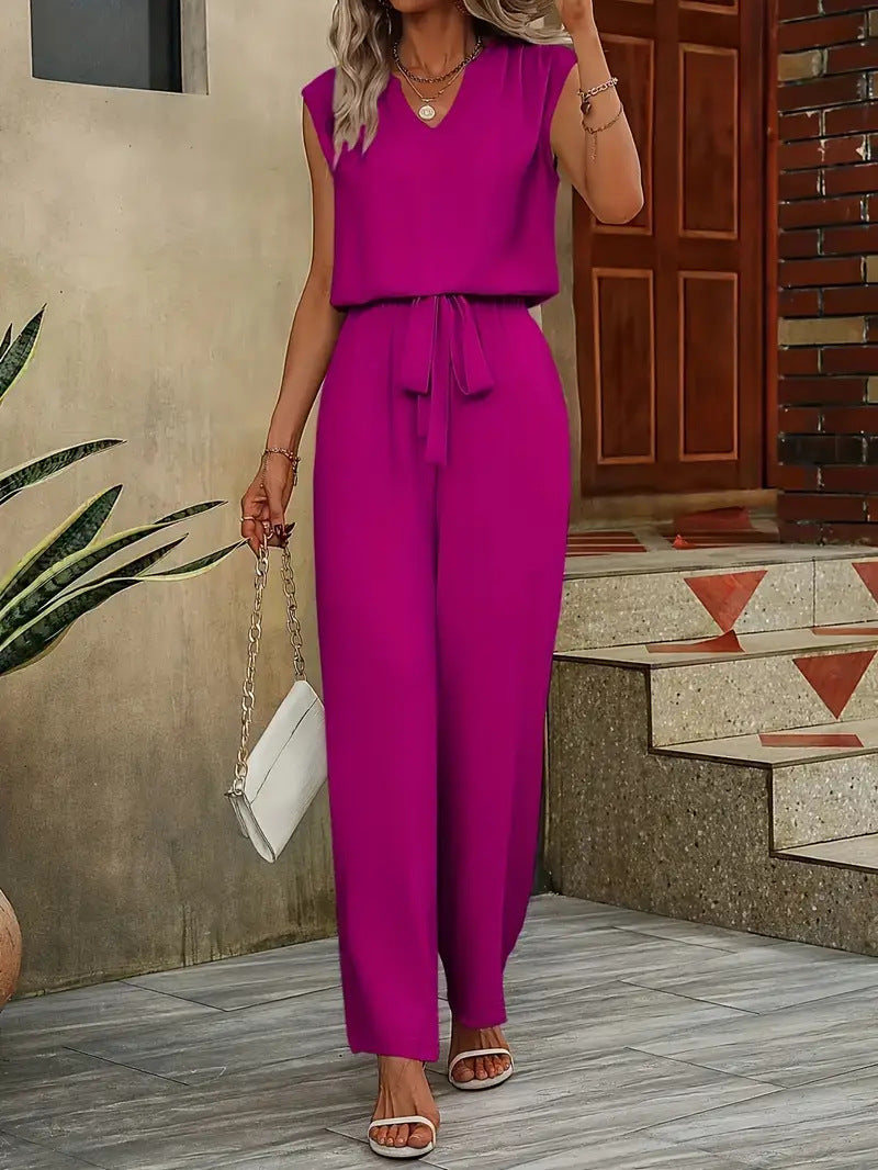 Damen Eleganter Jumpsuit mit V-Ausschnitt und Taillenknoten Krohn-e
