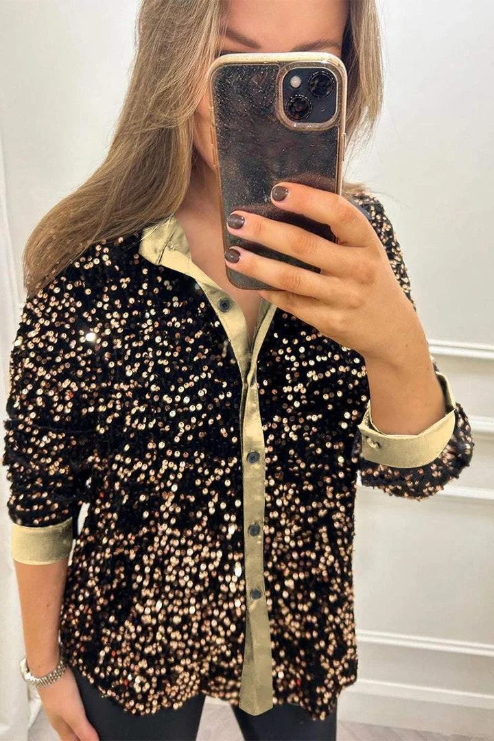 Damen Glitzernde Bluse aus Pailletten mit klassischem Kragen Krohn-e