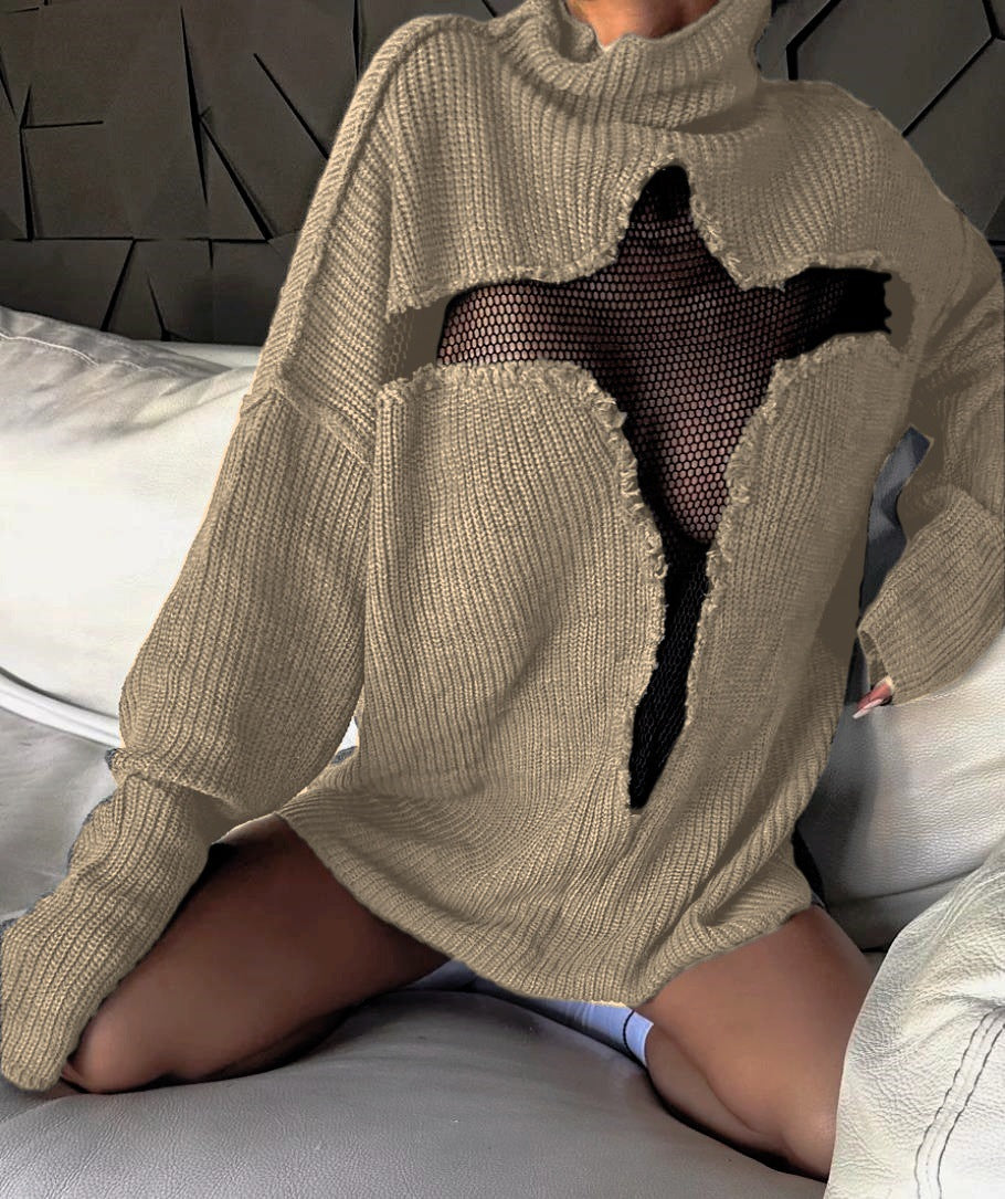 Damen Oversized Strickpullover mit aufregendem Mesh-Einsatz und unkonventionellem Design Krohn-e