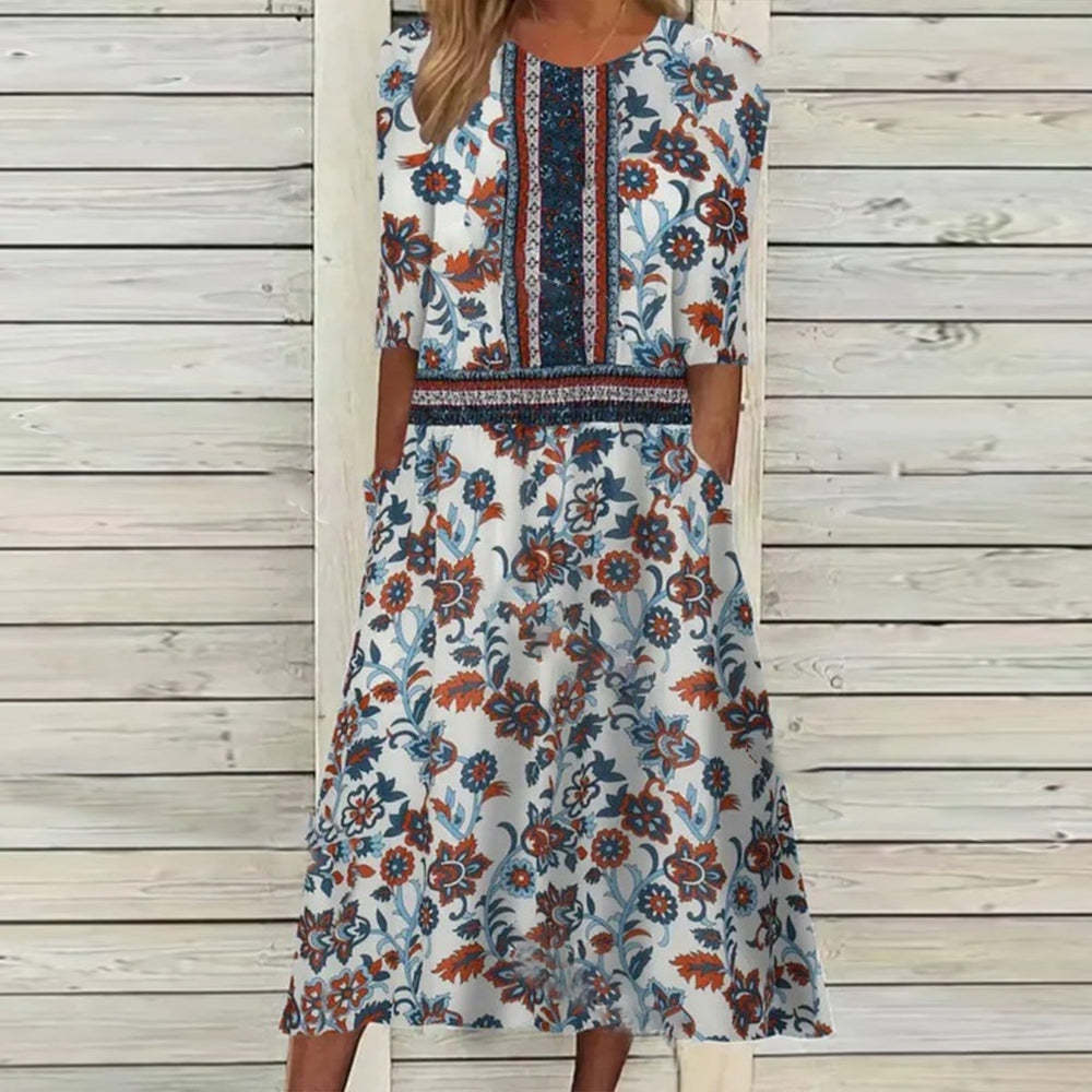 Fudus Damen Kurzarm-Kleid mit Rundhalsausschnitt und lässigem Print