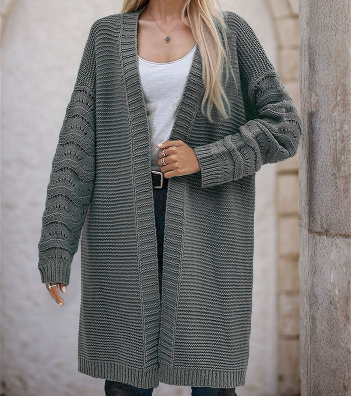 Damen Langer Strickcardigan mit luftiger Maschenstruktur und offener Front Krohn-e