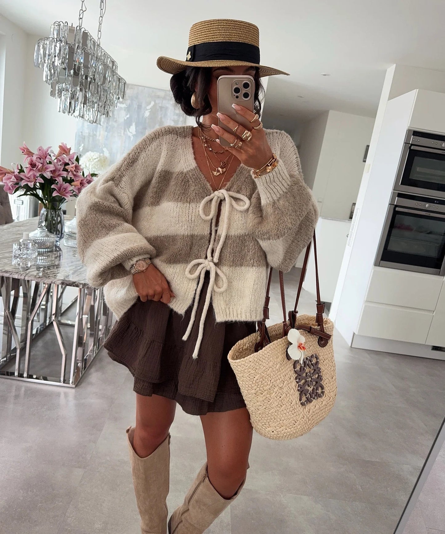 Damen lockere Strickjacke mit breiten Streifen und Bindegürtel Krohn-e