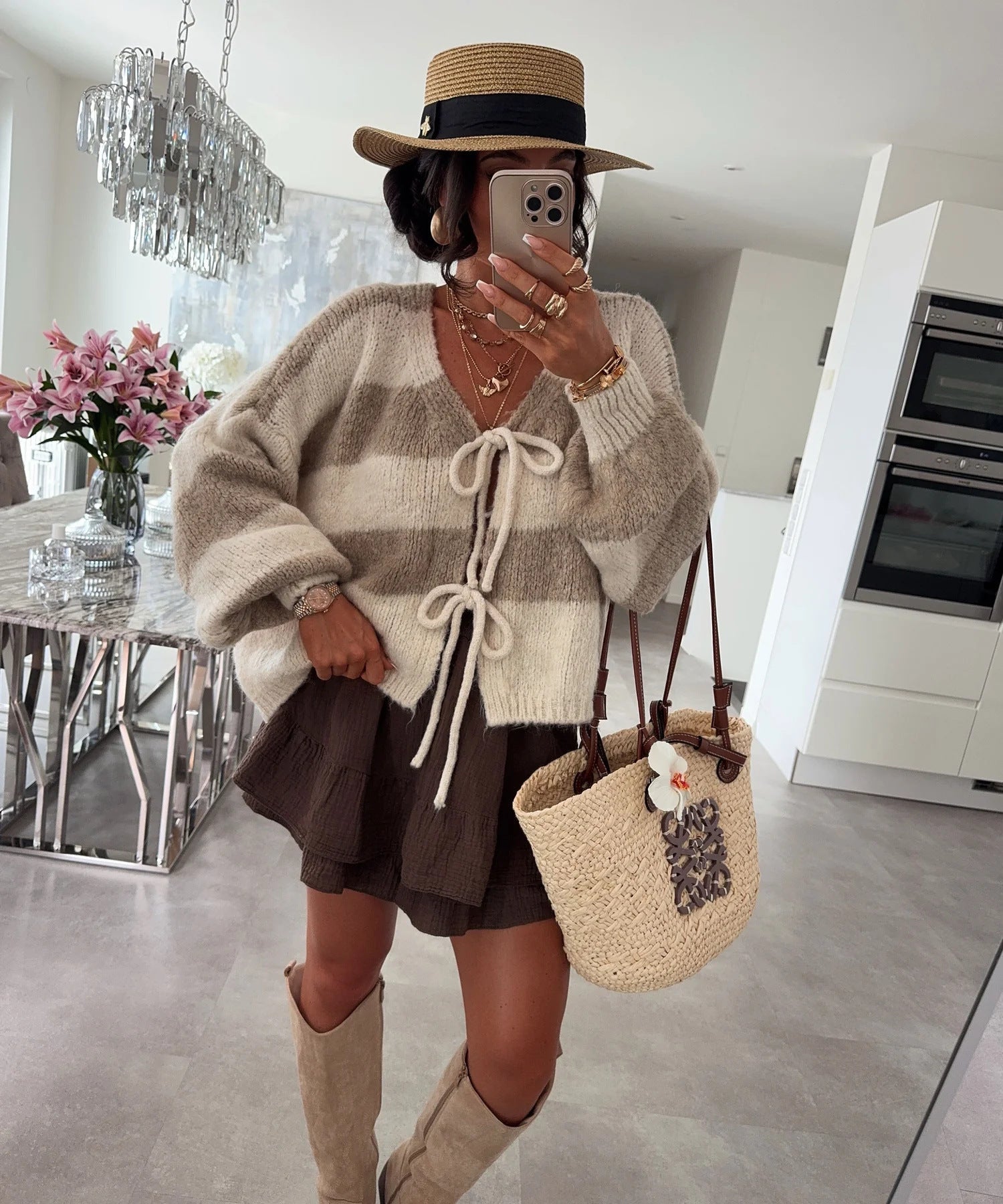 Damen lockere Strickjacke mit breiten Streifen und Bindegürtel Krohn-e