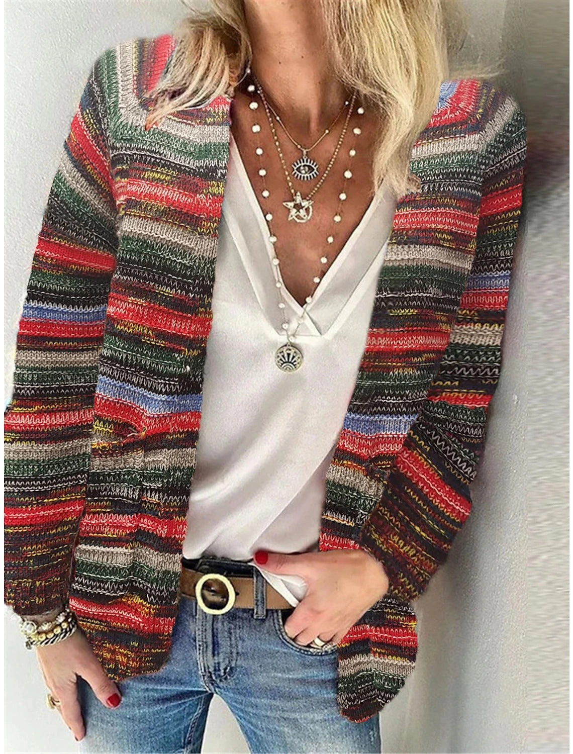 Damen Offen gestrickte Cardigan mit bunten Streifen und lässigem Schnitt Krohn-e
