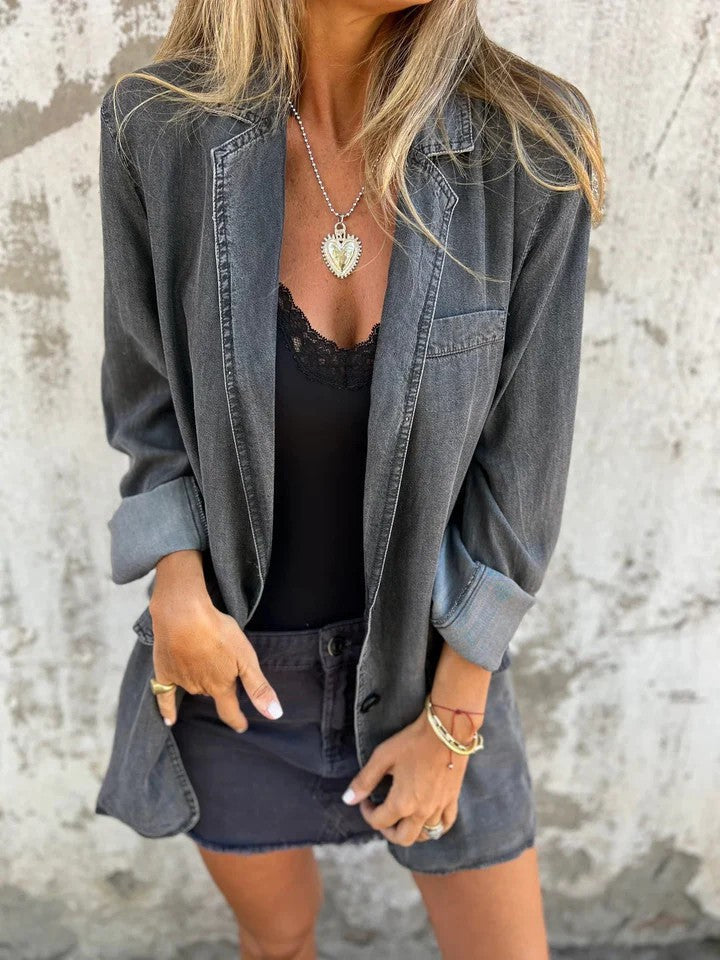 Krohn-e | Reversanzugkragen Denim Mid Length Jacke