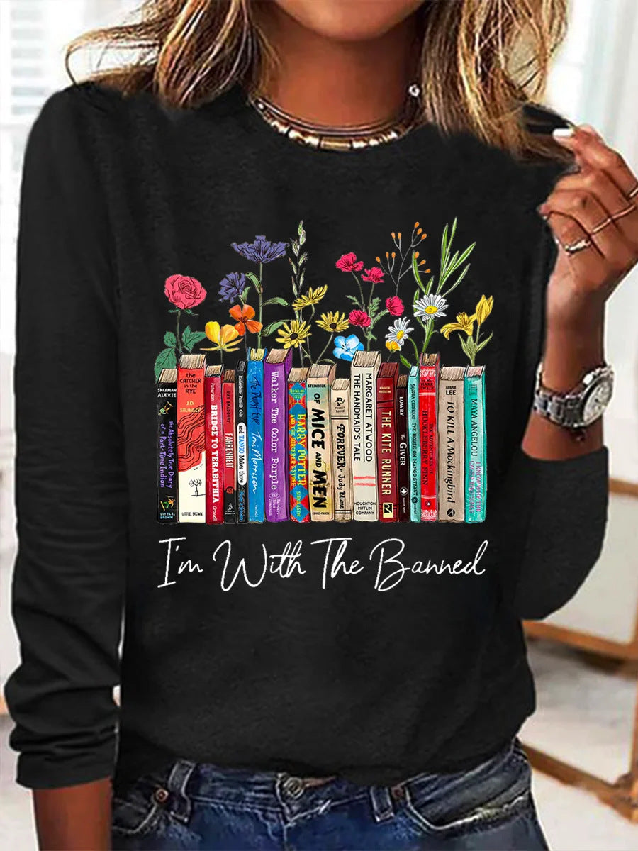 Damen Langarmshirt mit Bücher- und Blumenmotiv Krohn-e