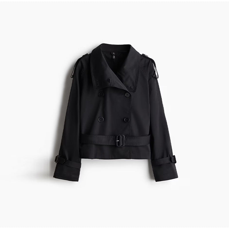 Damen trendige Kurzjacke im modernen Trenchcoat-Stil mit breitem Kragen und Taillengürtel Krohn-e