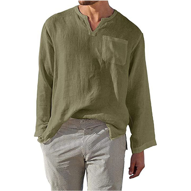 Herren Leinen Langarmshirt mit Henley-Ausschnitt und Brusttasche Krohn-e