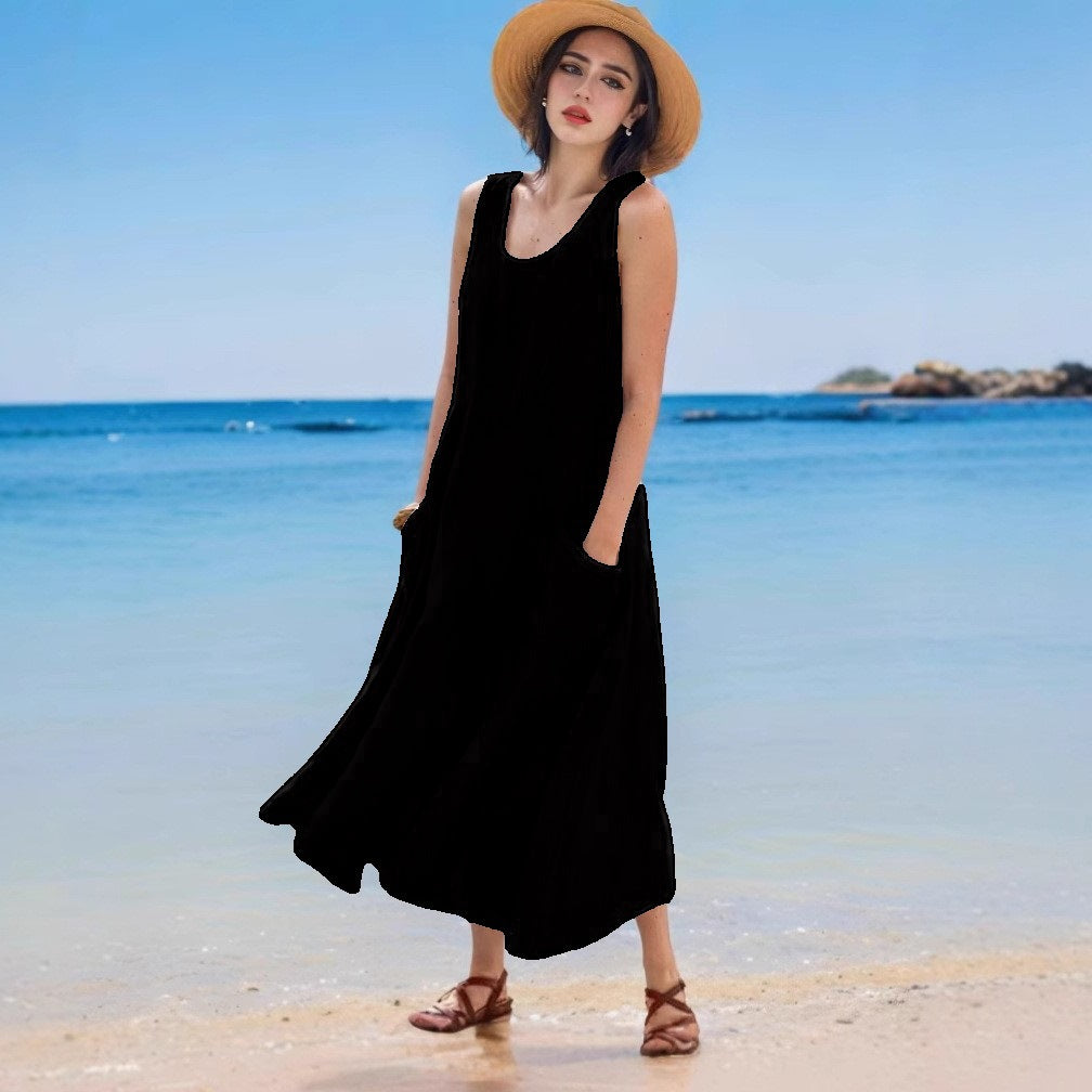 Sommerkleid aus Leinen, ärmellos, Rundhals, mit Tasche von Fudus