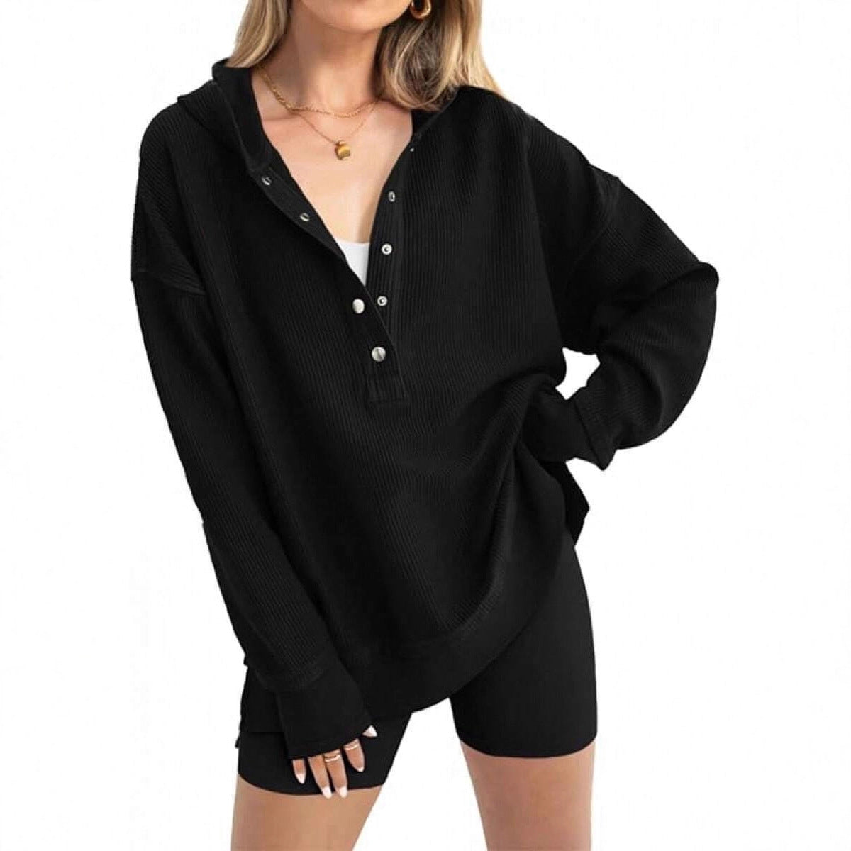 Damen Lässiger Kapuzenpullover mit Knopfdetails und überschnittenen Schultern Krohn-e