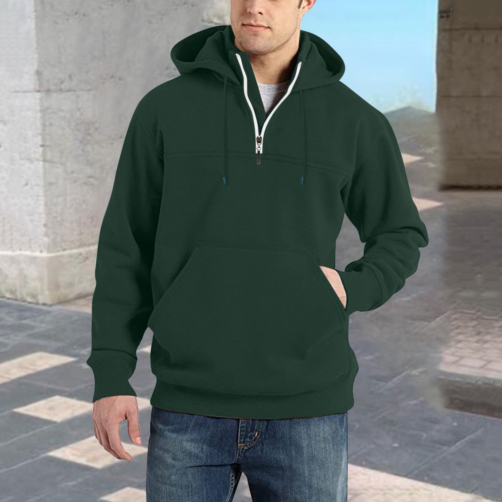Herren modischer Kapuzenpullover mit halbem Reißverschluss und praktischen Kängurutaschen Krohn-e