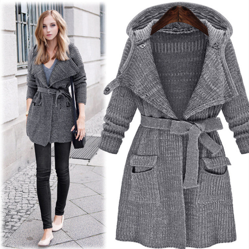 Damen Strickmantel mit Kapuze und praktischen Taschen Krohn-e - Krohn-e