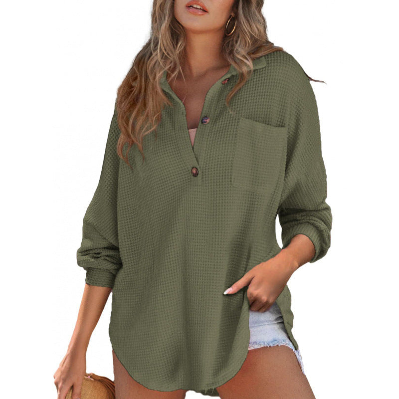 Damen lässiges Waffle-Shirt mit Stehkragen und Knopfleiste Krohn-e