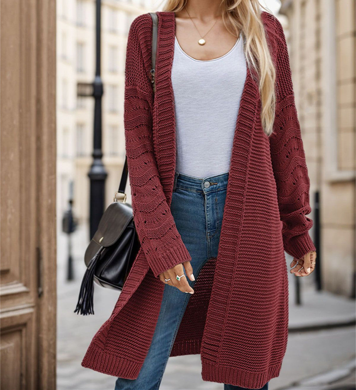 Damen Langer Strickcardigan mit luftiger Maschenstruktur und offener Front Krohn-e