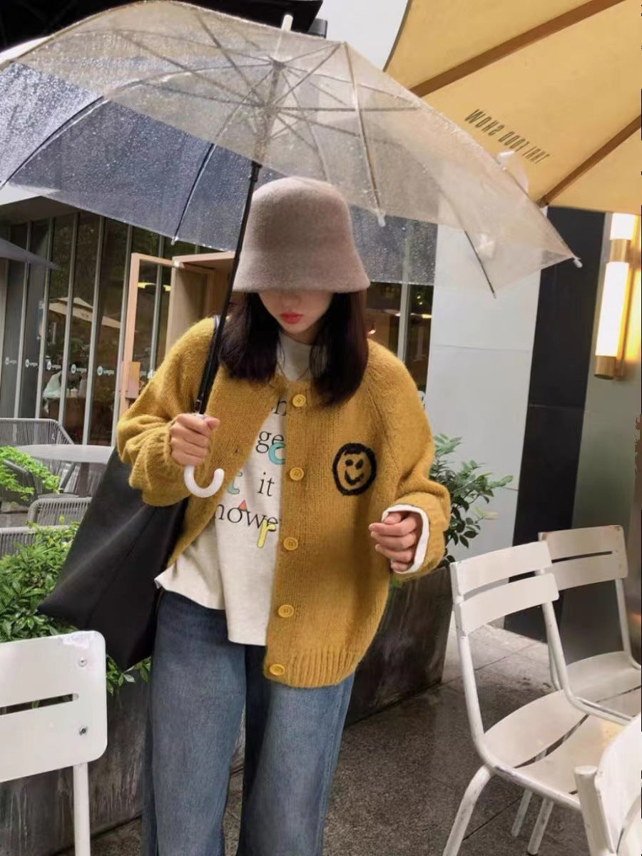 Damen gemütlicher Strickcardigan mit verspieltem Smiley-Motiv Krohn-e