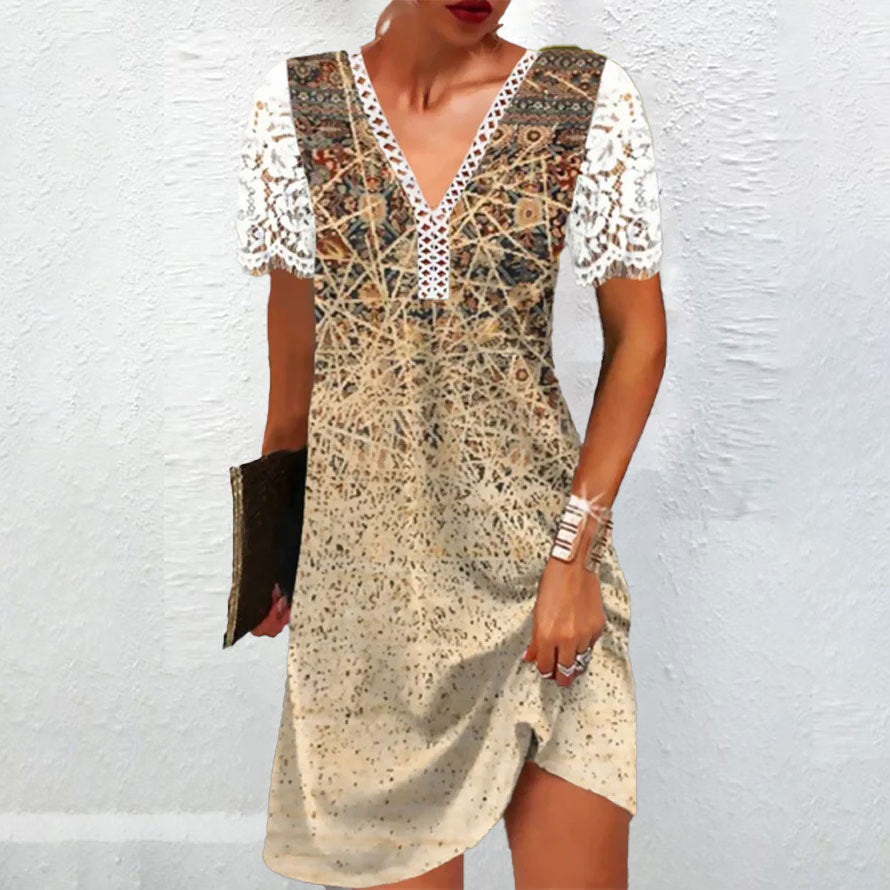 Raffiniertes bedrucktes Spitzenkleid mit V-Ausschnitt und Ärmeln von Fudus