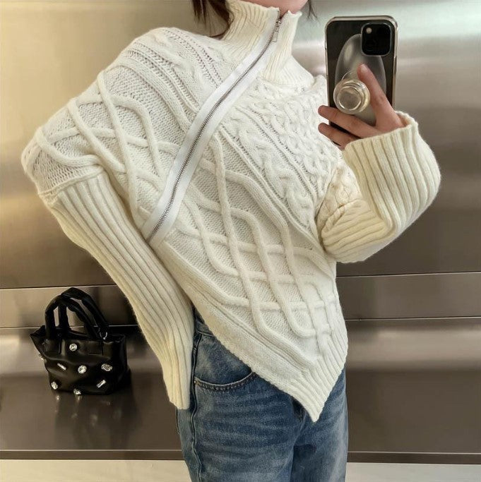 Damen hochwertiger Strickpullover mit hohem Kragen und asymmetrischem Design Krohn-e