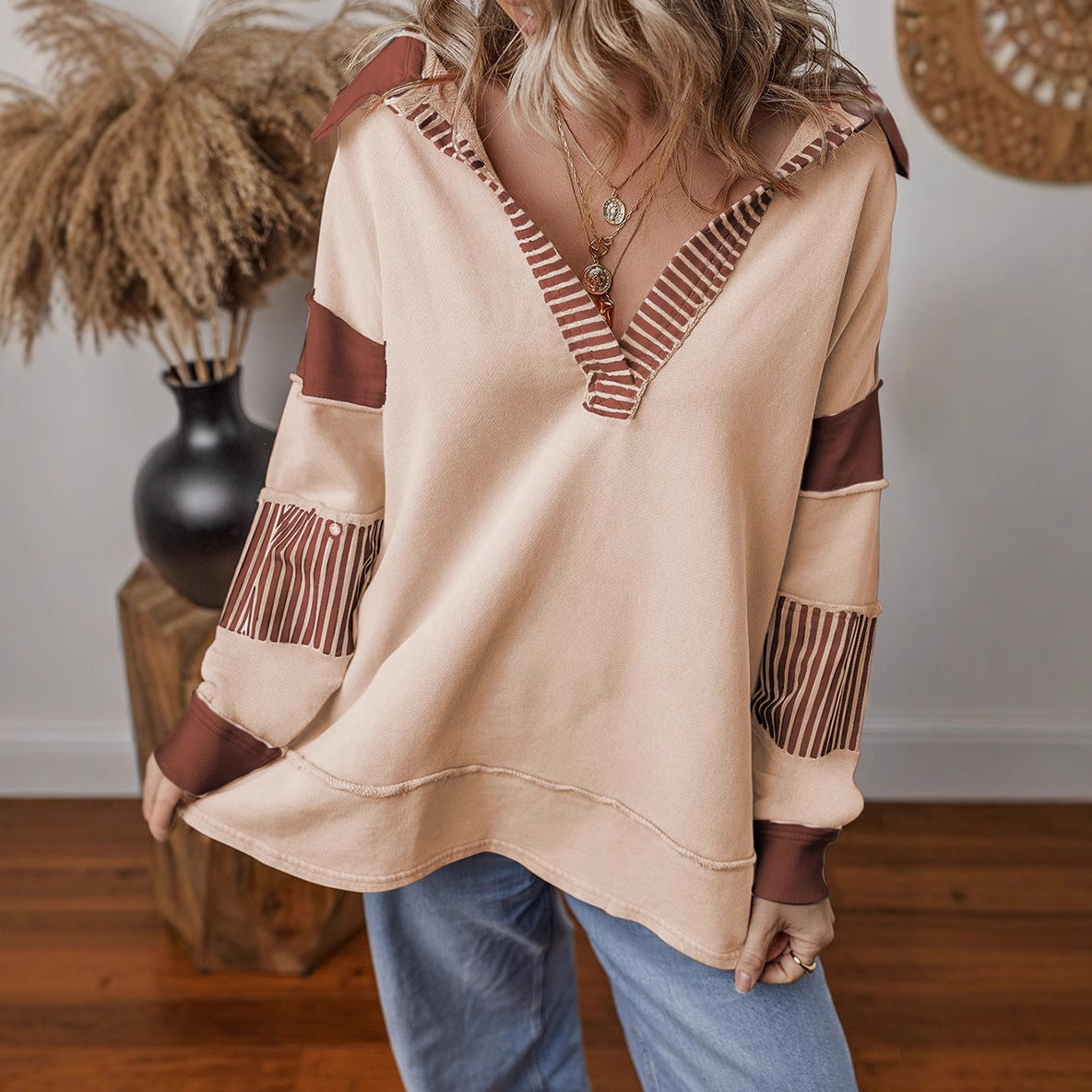 Damen lässiger Pullover mit Hemdkragen und gestreiften Ärmeln Krohn-e