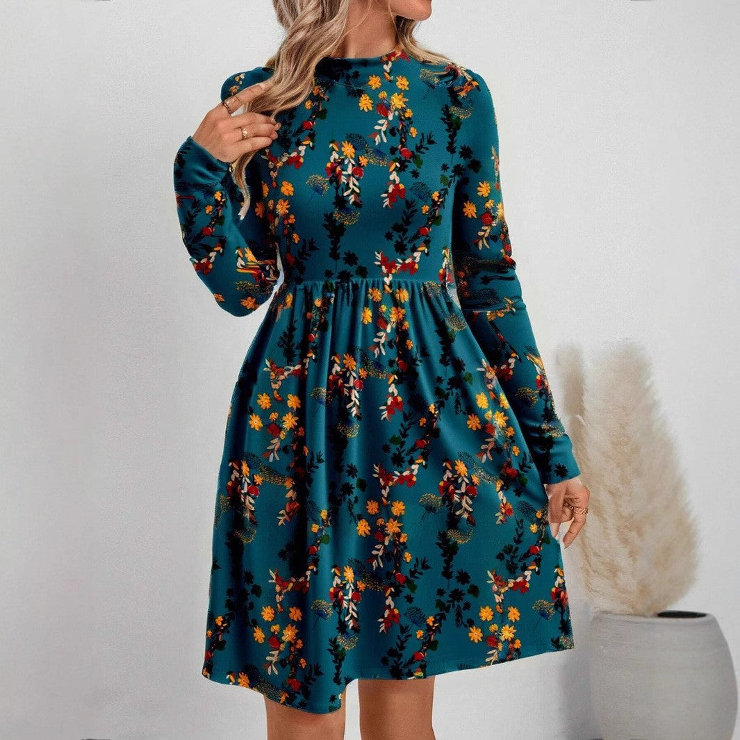 Fudus Schickes Blumenmuster-Rundhals-Langarmkleid