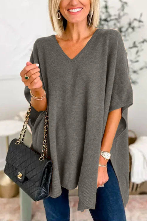 Damen lässiger Strickponcho mit V-Ausschnitt und überschnittenen Ärmeln Krohn-e