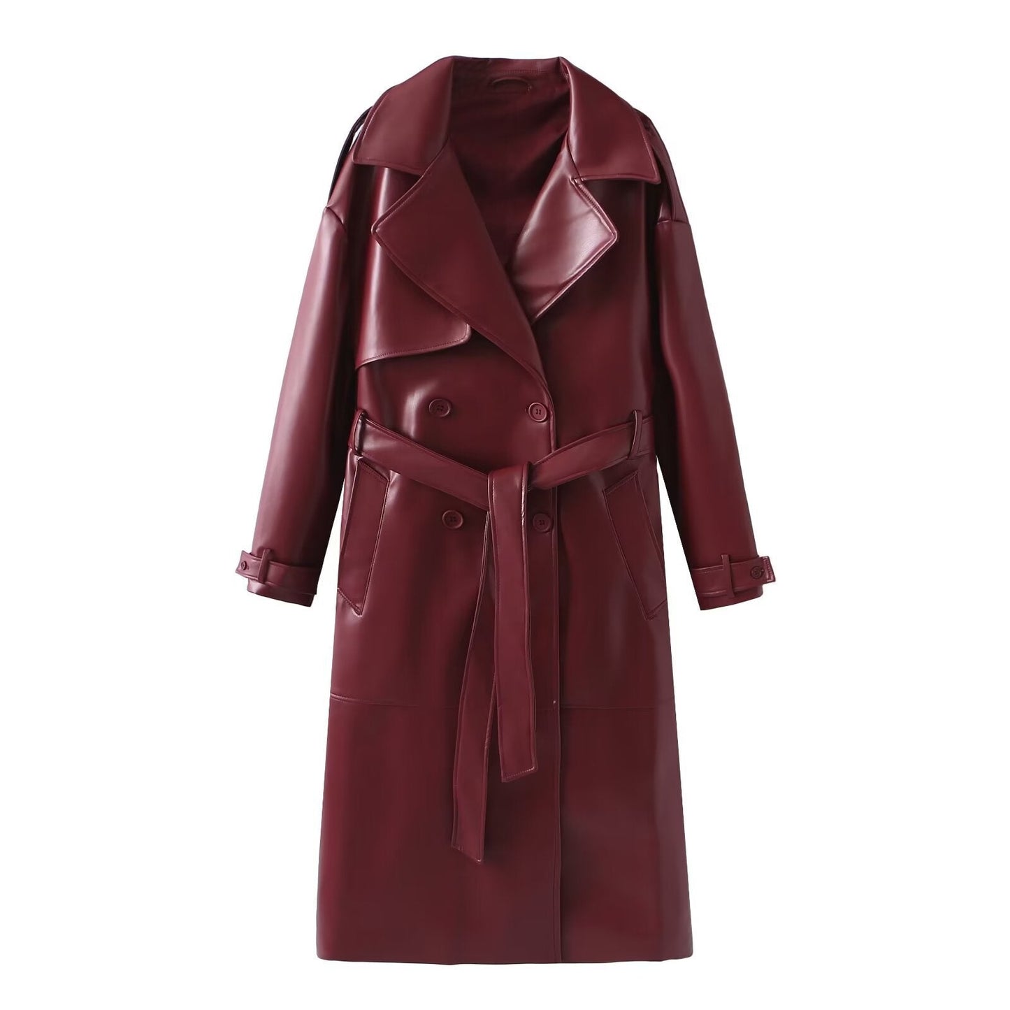Damen Kunstleder-Trenchcoat mit elegantem Schnitt und taillierbarem Gürtel Krohn-e
