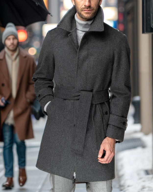 Herren modischer Wolltrenchcoat mit Bindegürtel und großen Taschen Krohn-e