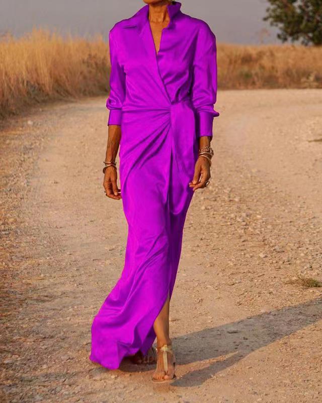 Damen Elegantes Wickel-Maxi-Kleid mit vielseitigem Kragen und seitlichem Schlitz Krohn-e