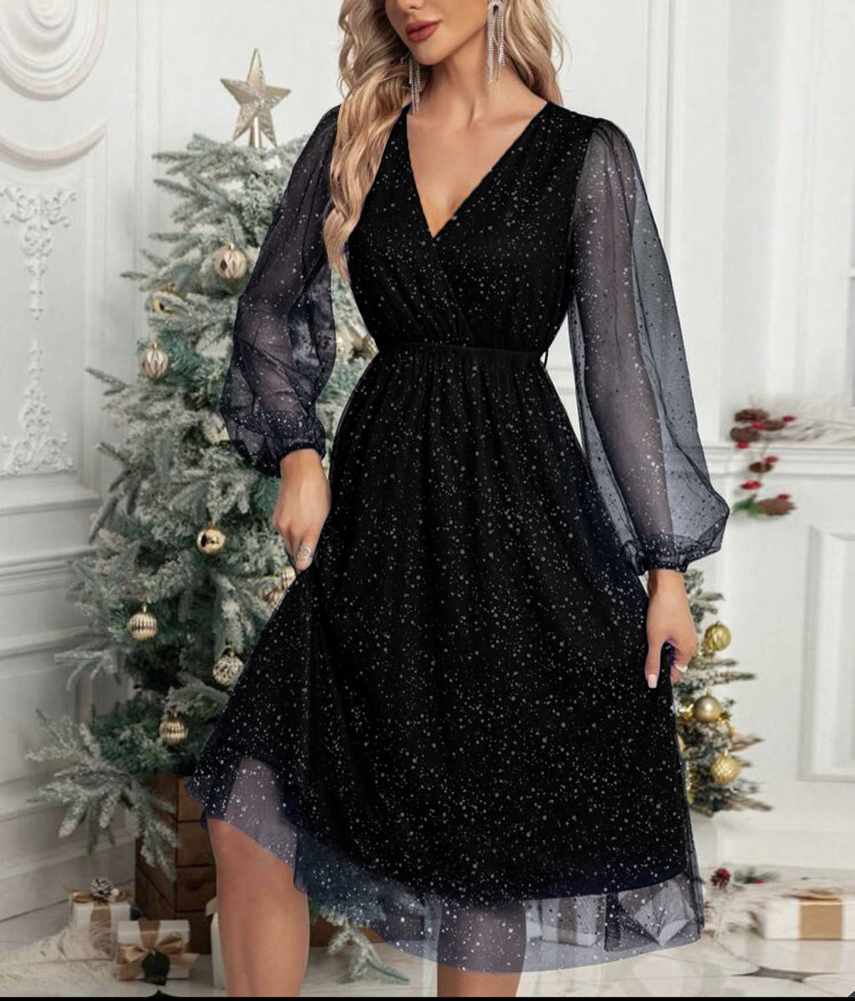 Damen Glamouröses Midikleid mit transparenten Puffärmeln und schimmerndem Paillettenmuster Krohn-e