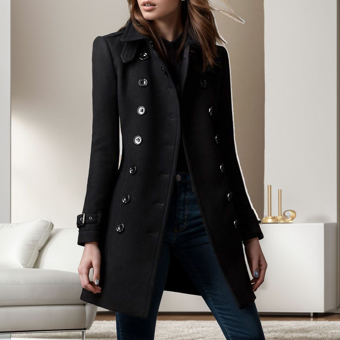 Damen eleganter Trenchcoat mit doppelter Knopfreihe und gewichtetem Kragen Krohn-e