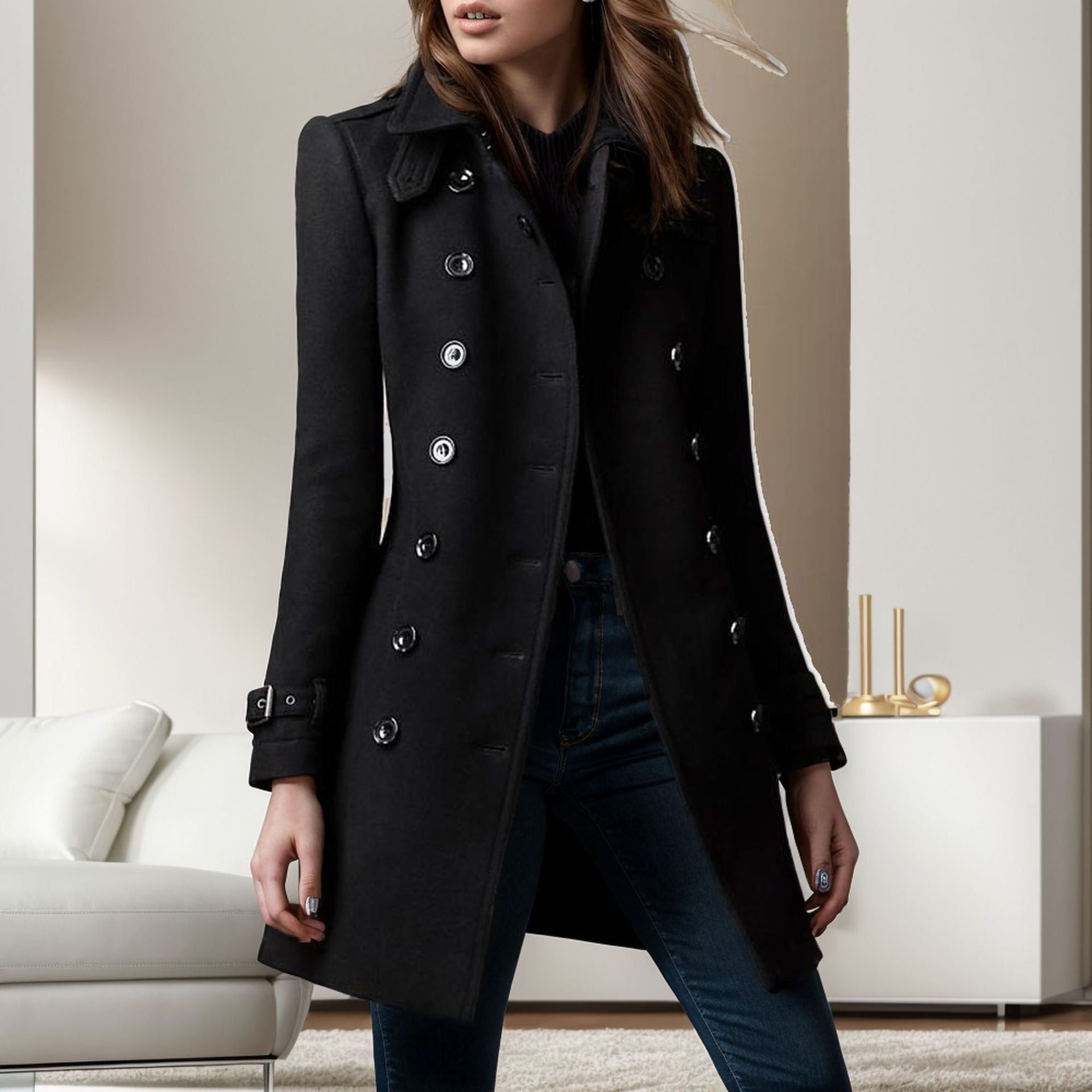 Damen eleganter Trenchcoat mit doppelter Knopfreihe und gewichtetem Kragen Krohn-e