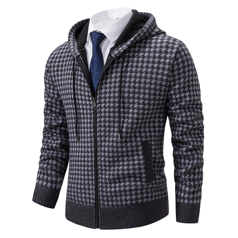 Herren gemütlicher Strickpullover mit modernem Karomuster und Kapuze Krohn-e