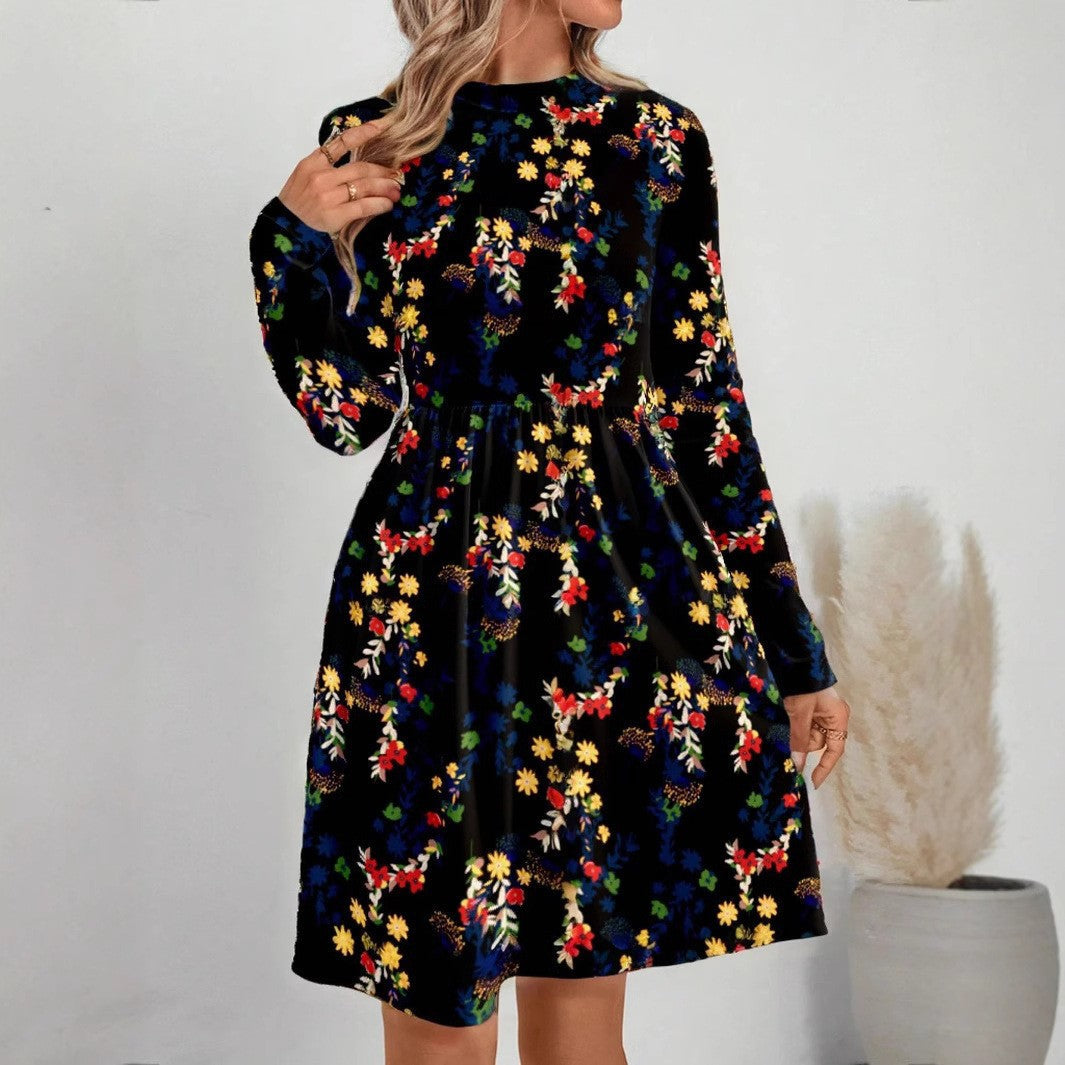 Fudus Schickes Blumenmuster-Rundhals-Langarmkleid