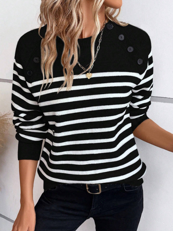 Damen gestreifter Pullover mit dekorativen Knopfdetails und Rundhalsausschnitt Krohn-e