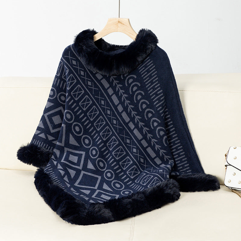 Damen modischer Poncho mit dekorativem Kunstfellkragen Krohn-e