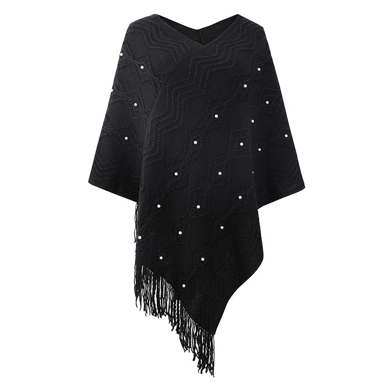 Damen eleganter Poncho mit auffälligem Strukturmuster und dekorativen Fransen Krohn-e