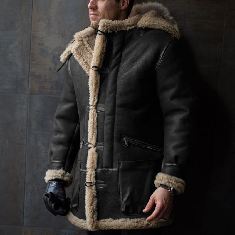 Herren Lammfell-Mantel mit Kapuze und praktischen Taschen Krohn-e
