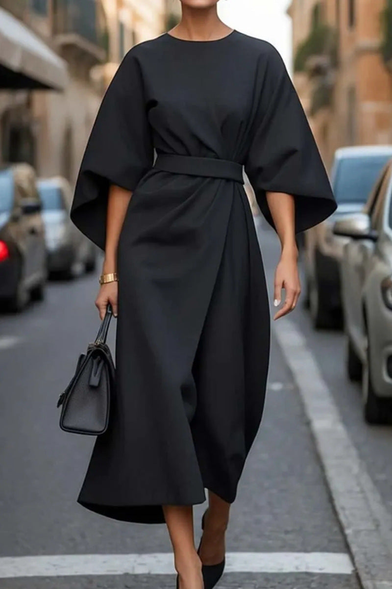 Damen Maxikleid mit eleganten Ballonärmeln und Taillengürtel Krohn-e