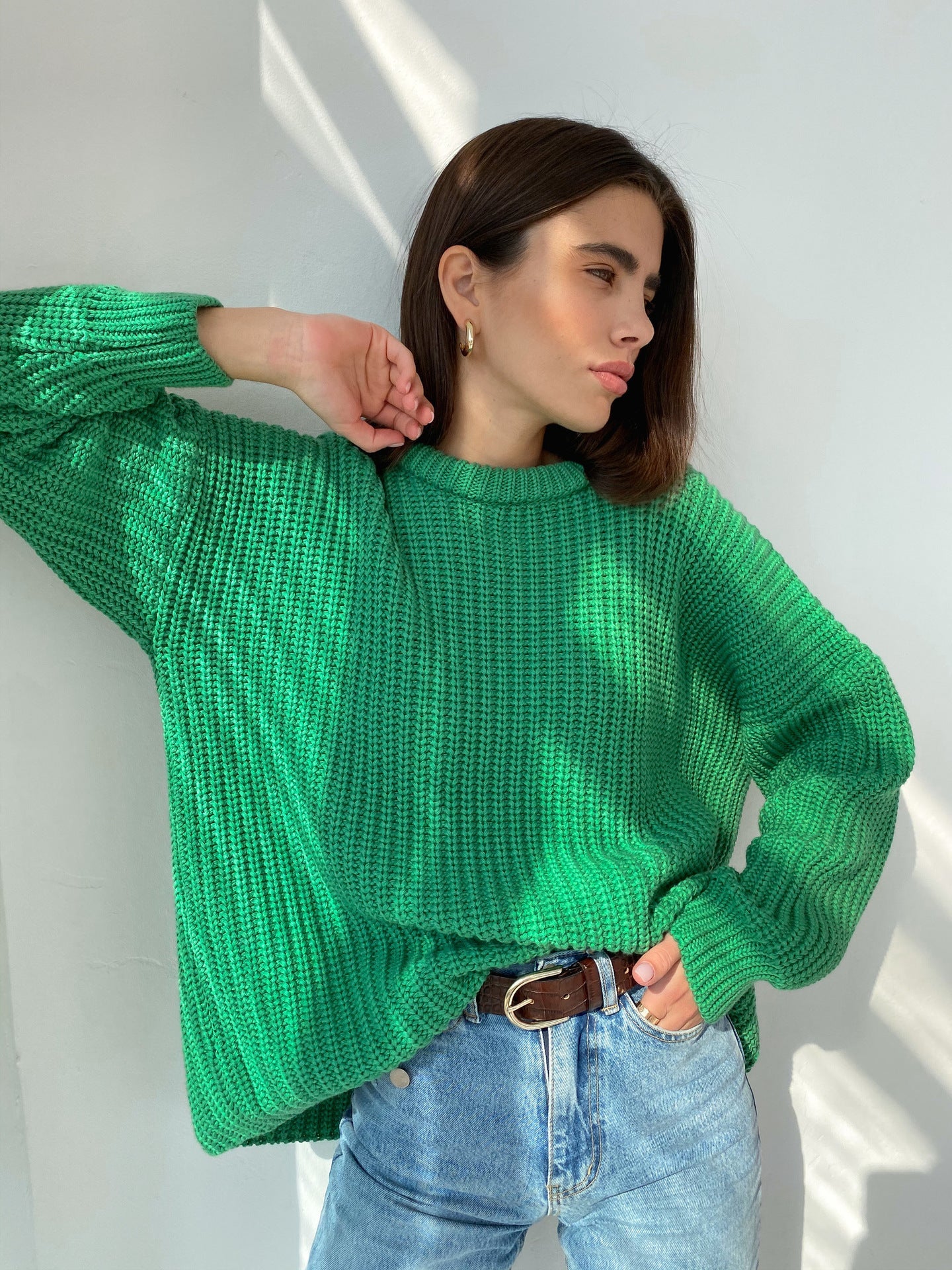 Damen lässiger Strickpullover mit strukturierter Mascheninterpretation und weitem Schnitt Krohn-e