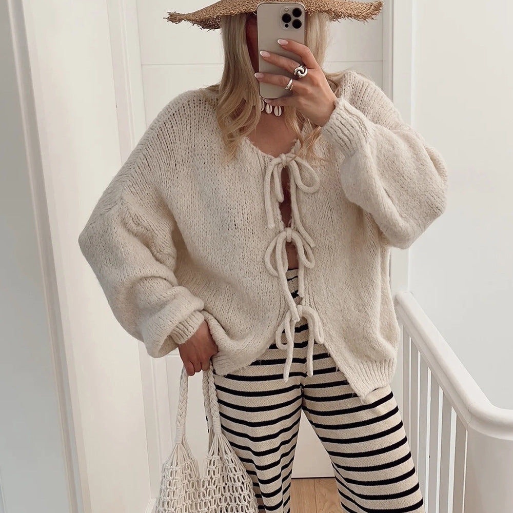 Damen Kuscheliger Strickcardigan mit dekorativen Bindebändern Krohn-e
