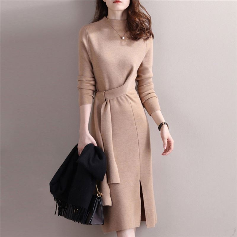 Damen Elegantes Strickkleid mit seitlichem Schlitz und tailliertem Gürtel Krohn-e
