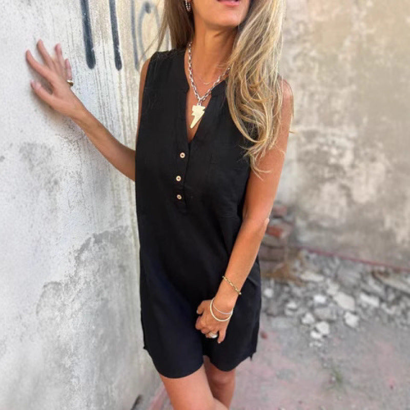 Fudus lässiges, lockeres, ärmelloses Leinenkleid