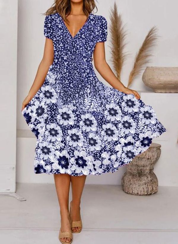 Fudus Mini Kleid mit Blumenmuster und V-Ausschnitt für den internationalen Versand