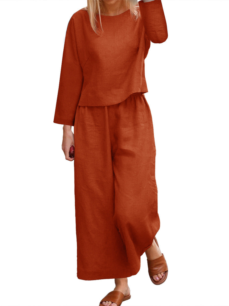 Damen lässiges Leinen-Langarm-Set mit weiten Hosen Krohn-e
